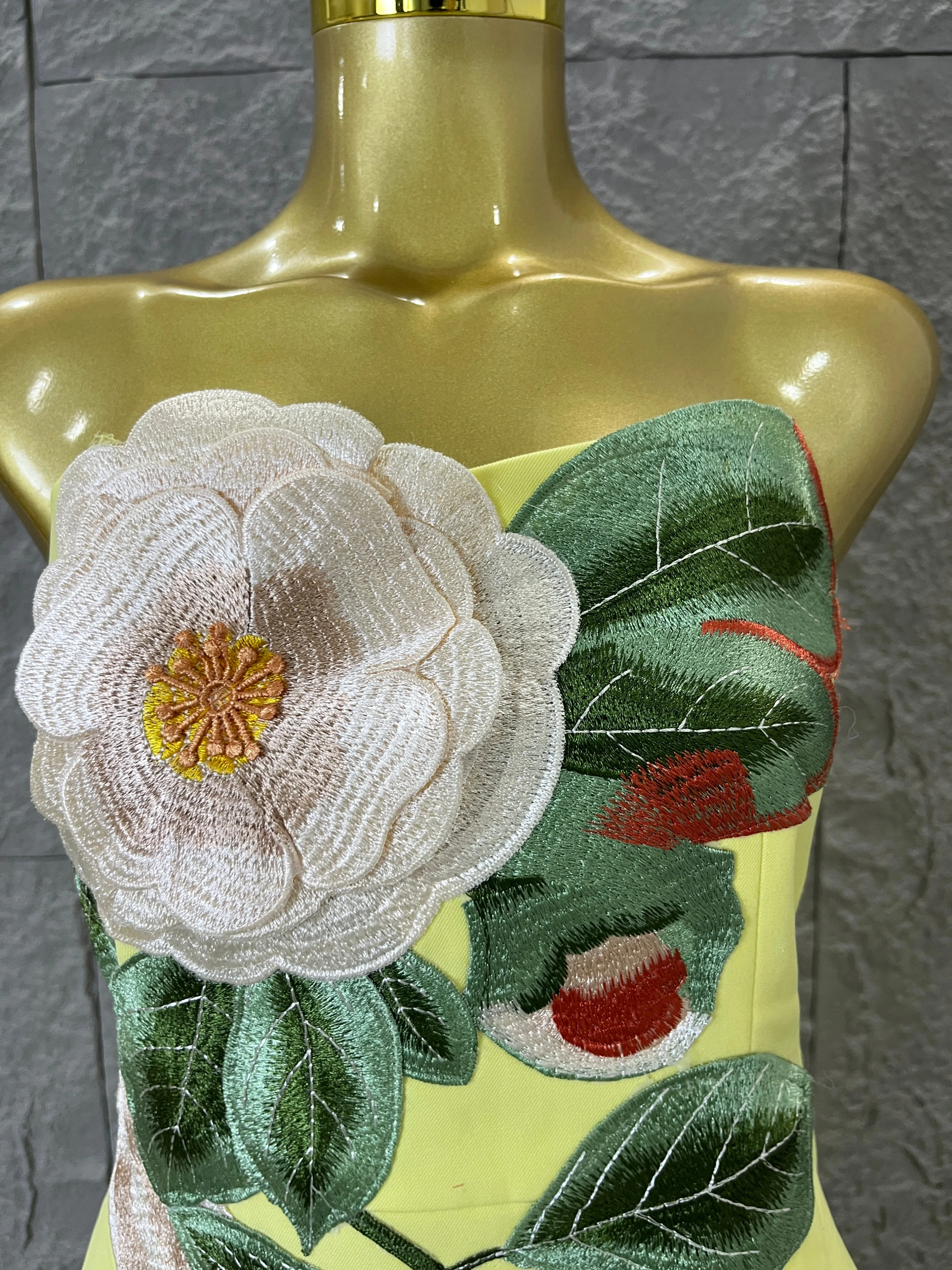Women Sexy Glamorous Yellow A-Line Dress with Floral Applique and Embroidered Leaves Perfect for Bridal and Garden Events