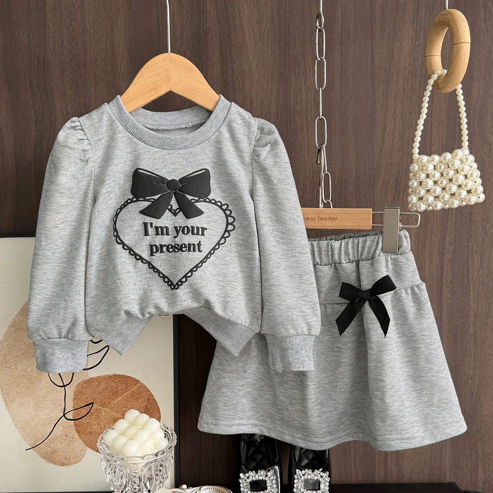 Autumn Korean Grey Casual Girls' Clothing Love Letter Printed Top + Bow Decorative Short Skirt Fashion 2 Piece Set 3-7 Years Old