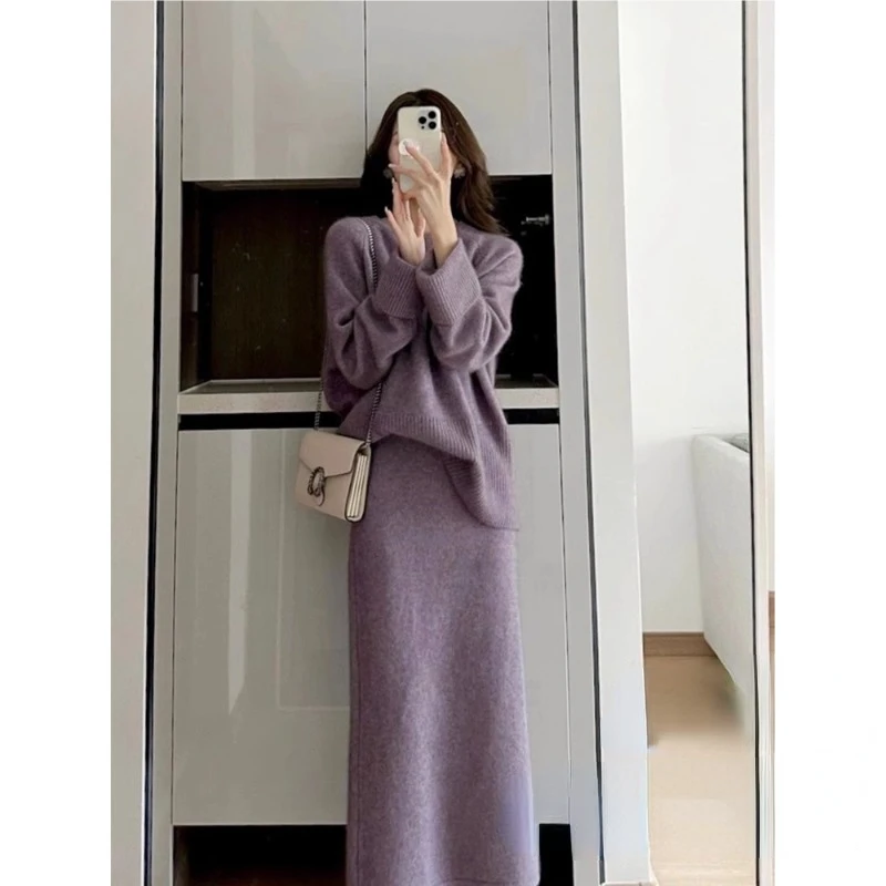 New High Quality Korean Fashion 2 piece sets women outfit Purple Knitted Casual Loose Pullover Sweater + Long Skirt Suits Warm