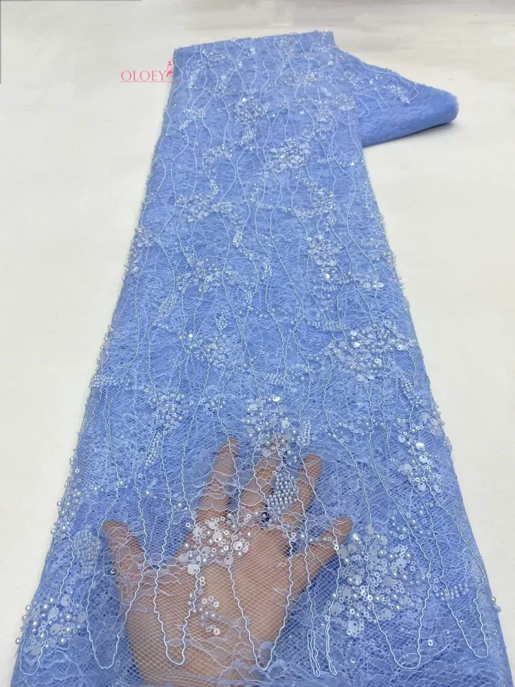 OLOEY 5 yardas de tela de encaje bordado africano con lentejuelas y diseño de cuentas francesas nigerianas para costura de vestidos de novia