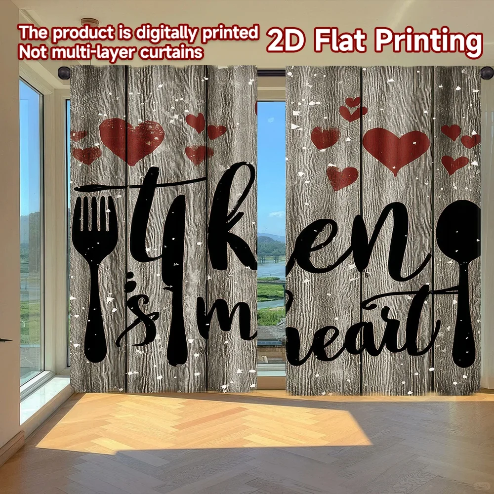 

2D flat printing 2pcs Window Curtains Valentine's Kitchen Heart Digital Printed Polyester Drapes Festive Curtains Perfect for