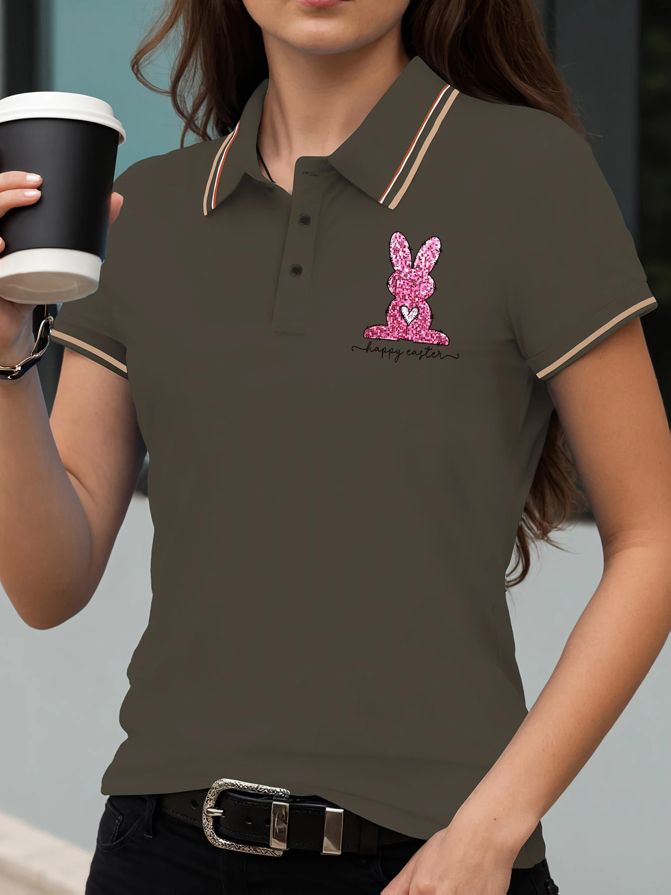 

Pink Diamond Love Rabbit Happy Easter Print Polo Shirt Women Summer Culture Lapel T-Shirt Contrast Soft Streetwear All-Match Top