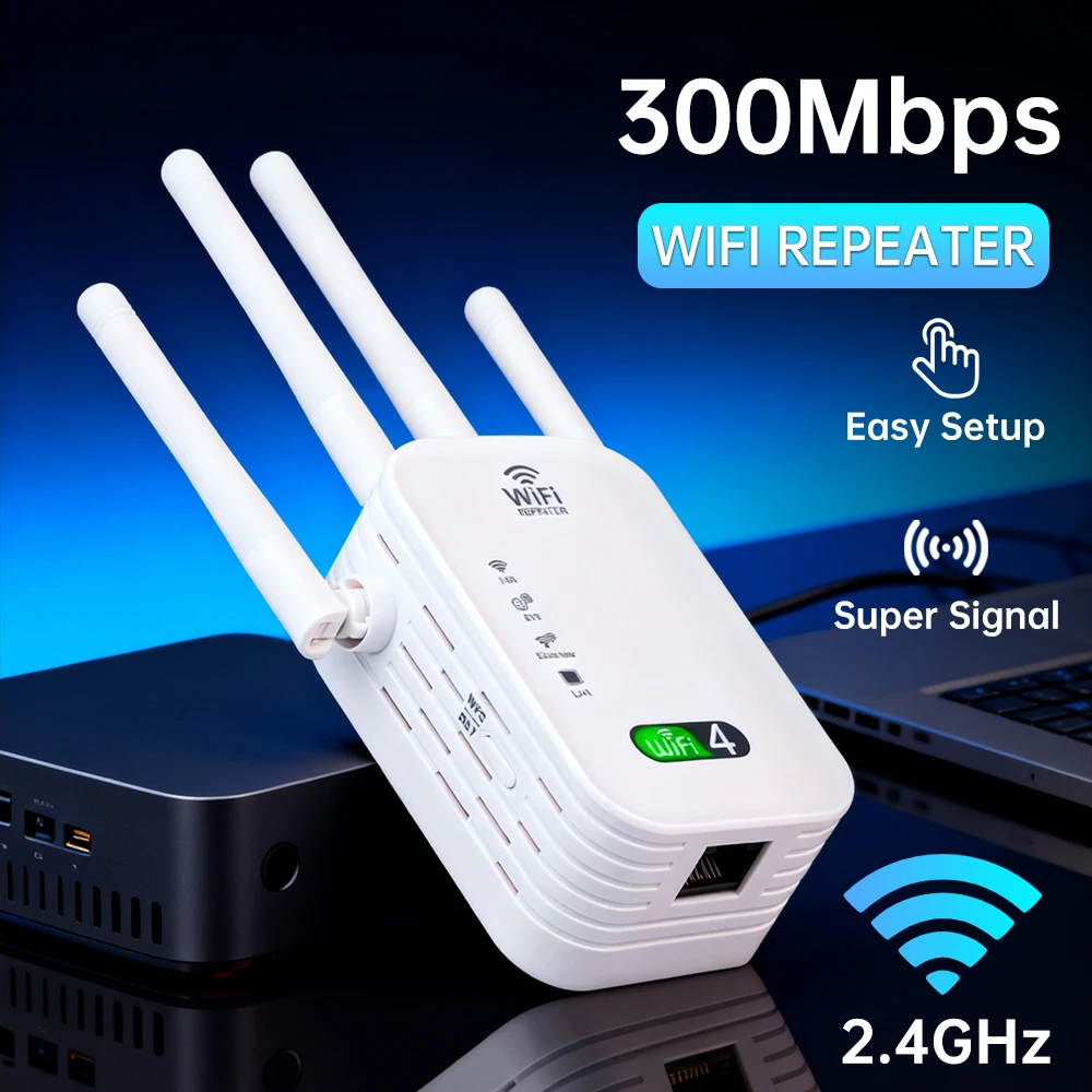 300Mbps WiFi Repeater 2.4GHz Wireless Signal Booster Range Extender Easy Setup Super Signal for Home Router