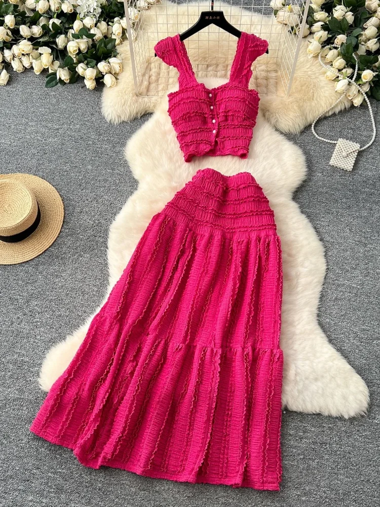 

Sister Star Fashion Fresh Short Flysleeve Halter High-waisted Pleated Bustier Dress Set Wholesale Vacation Outing Two-piece Set