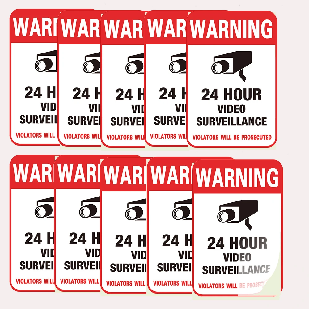 10 Pieces Video Surveillance Sticker Sign Decal for Home Business Camera Alarm System Stickers,  24 Hours Security Warning Signs