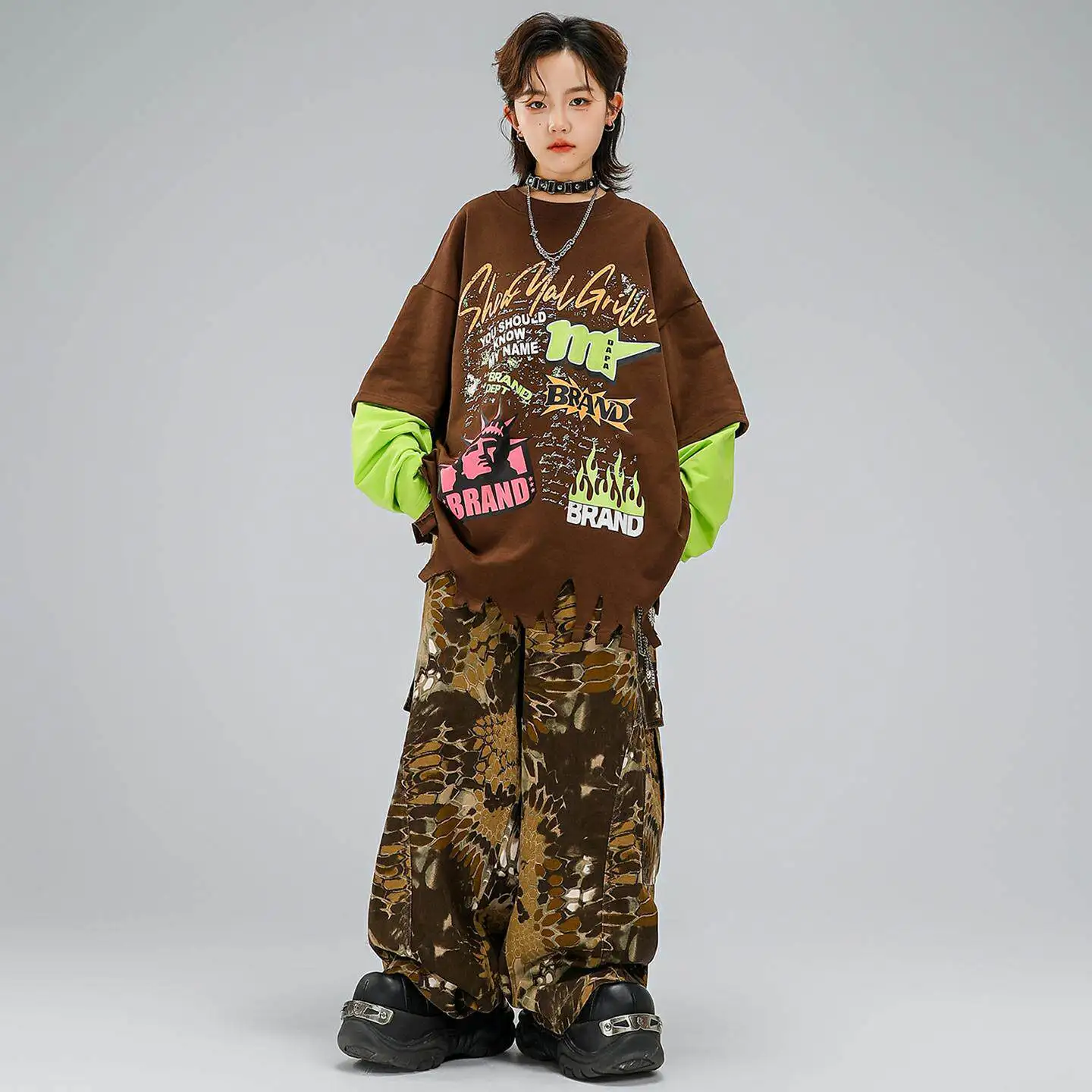 

Girl Boy Kpop Hip Hop Clothing Coffee Fringed Hem Sweatshirt Top Snake Pattern Cargo Pants for Kid Street Dance Costumes Clothes