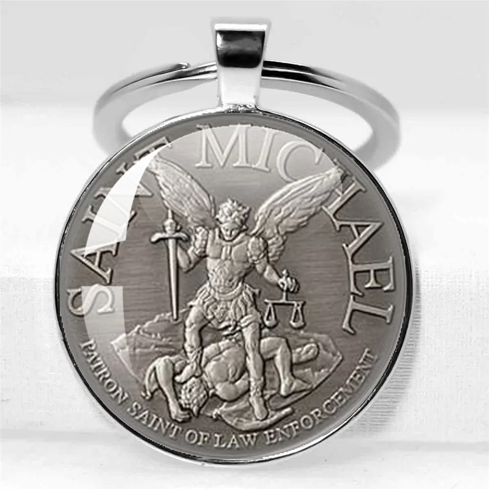 25mm/30MM Archangel Saint Michael Protect Me Holy Shield Angel Protection Glass Pendant Christian Keychains Jewelry Gift