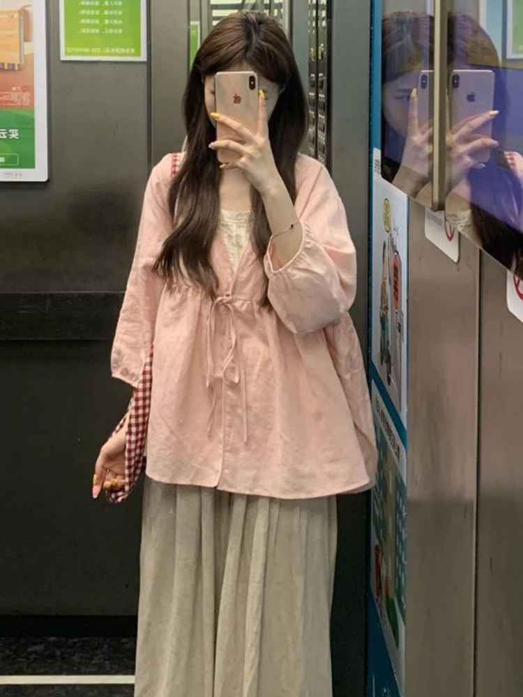 

Summer Sun Protection Women Pink Blouse Sweet Y2k Aesthetic Bandage Oversized Tops Harajuku Grunge Pleated Fairy Blouses