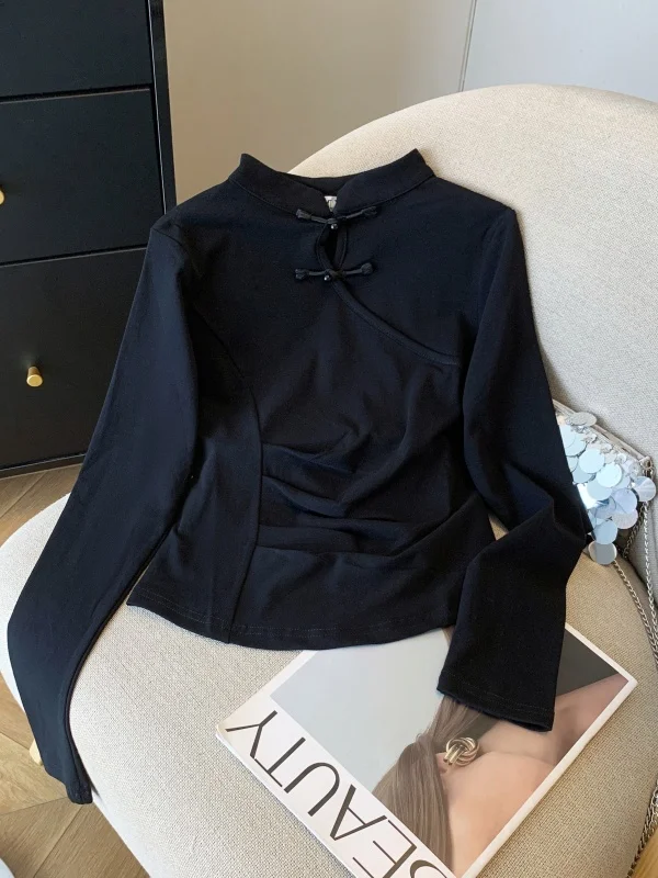 New Chinese Style National Trend Button up Long Sleeve Women's T-Shirt Spring Autumn plus Size Short Base Shirt Design Sense