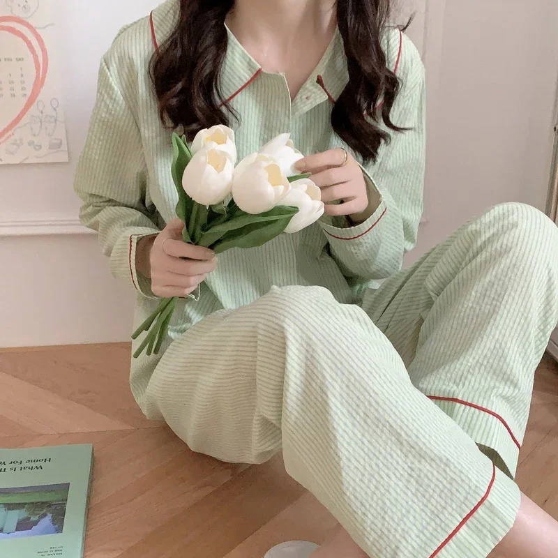 Spring and Autumn Long Sleeve Pajamas Cute Color Blocking Stripes Casual Loose Sleepwear Turn-down Collar Homewear 2 Pieces Set