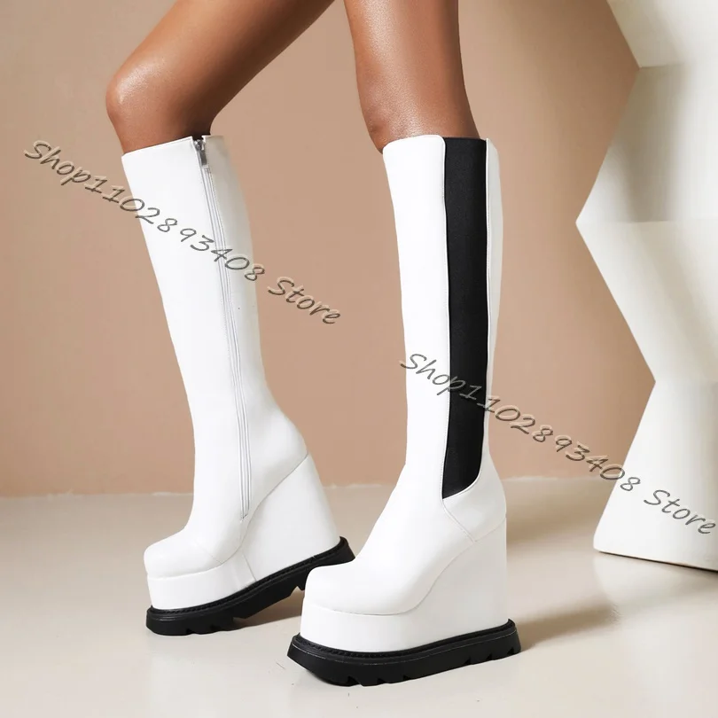 Botas de Caballero de empalme de plataforma blanca para Mujer, zapatos de cuña con cremallera lateral, tacones de punta redonda, diseño de moda, Primavera