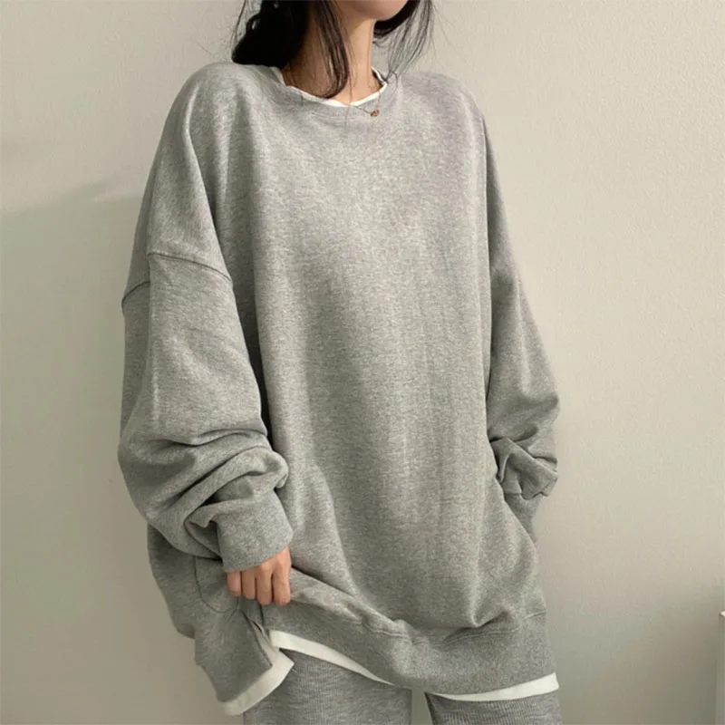 2024 Spring Autumn Women Fake Two Piece Sweatshirts Korean Fashion Female Casual Loose Pullovers Tops Long Sleeve O-neck Hoodies