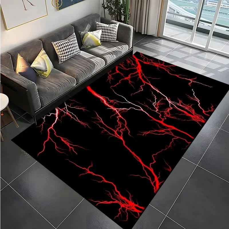 Edgy Black Red Lightning Geometric Area Rug Abstract Thunder Bolt Crack Print Decorative Modern Indoor Living Room Floor Carpet