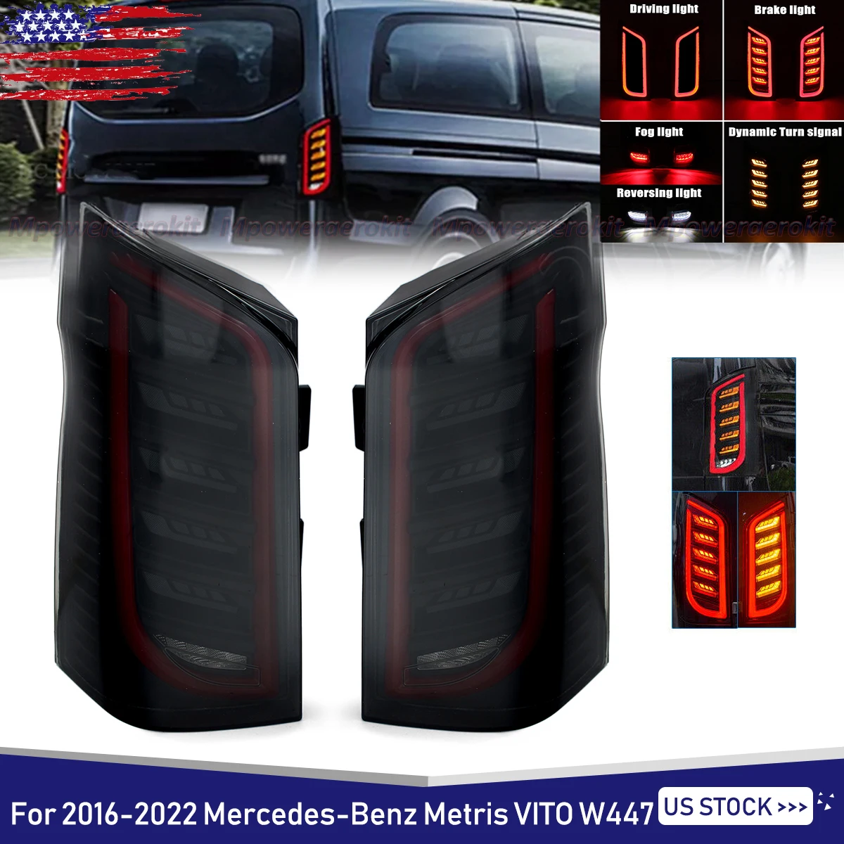 

Светодиодные задние фонари, стоп-сигналы для Mercedes Benz VITO Metris VITO W447, стоп-сигналы, поворотные фонари заднего хода, 2015-22, дымчатые линзы