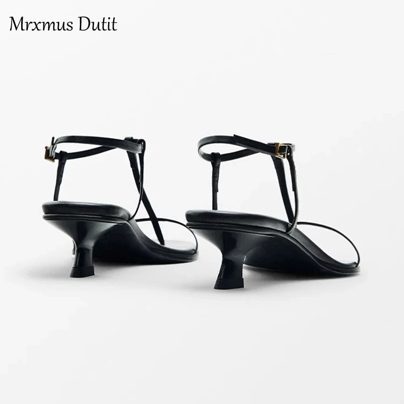 Mrxmus Dutit2024 New Spring Summer Women Genuine Leather T-strap Sandals Mid Heel Sandals Solid Casual Elegant Shoes Female Chic