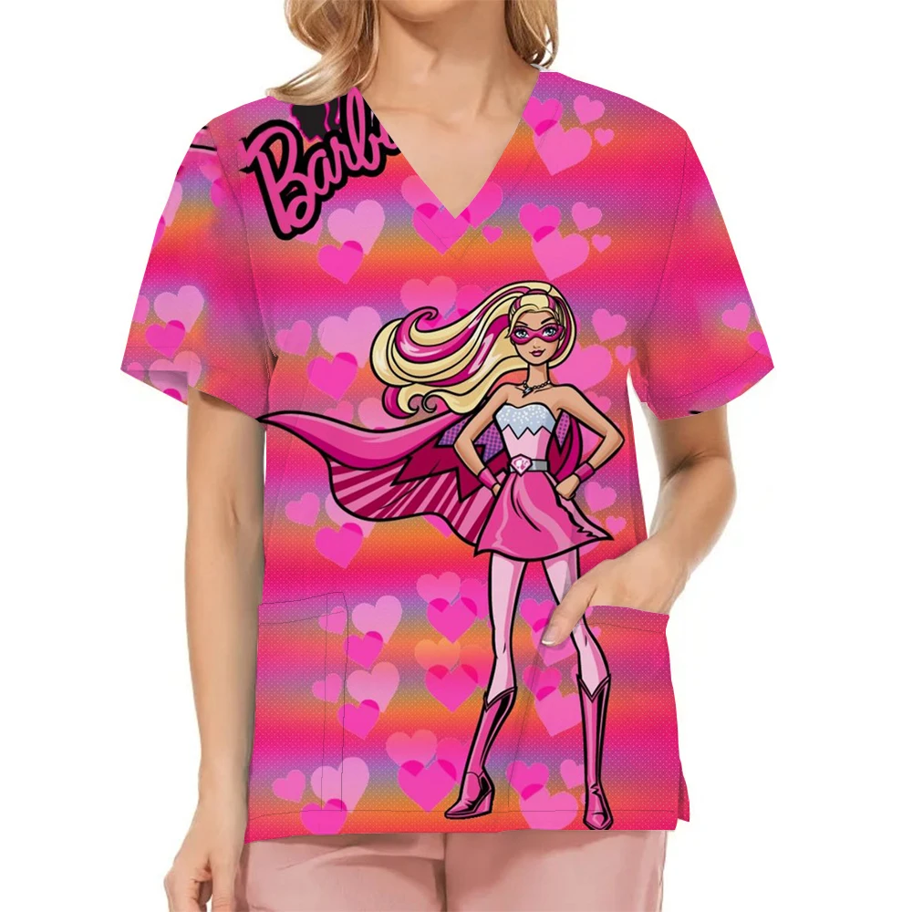 Miniso Medical Nurse Uniforms Women Medical Barbie Print Scrub Shirts Clinical V-neck Blouse Cartoon Pocket Scrubs Beauty Work