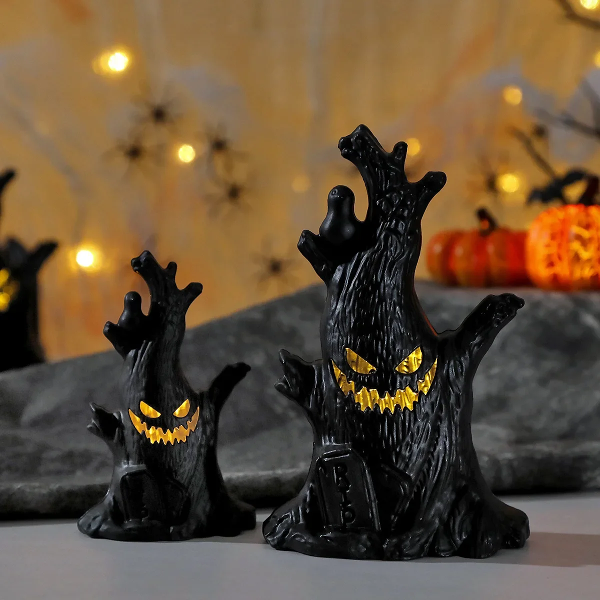 Gruselige beleuchtete Halloween-Ornamente – LED-Kürbislampe, Geisterbaumstumpf, flackernde Kerzen für die Dekoration im Innen- und Außenbereich – Detail 19