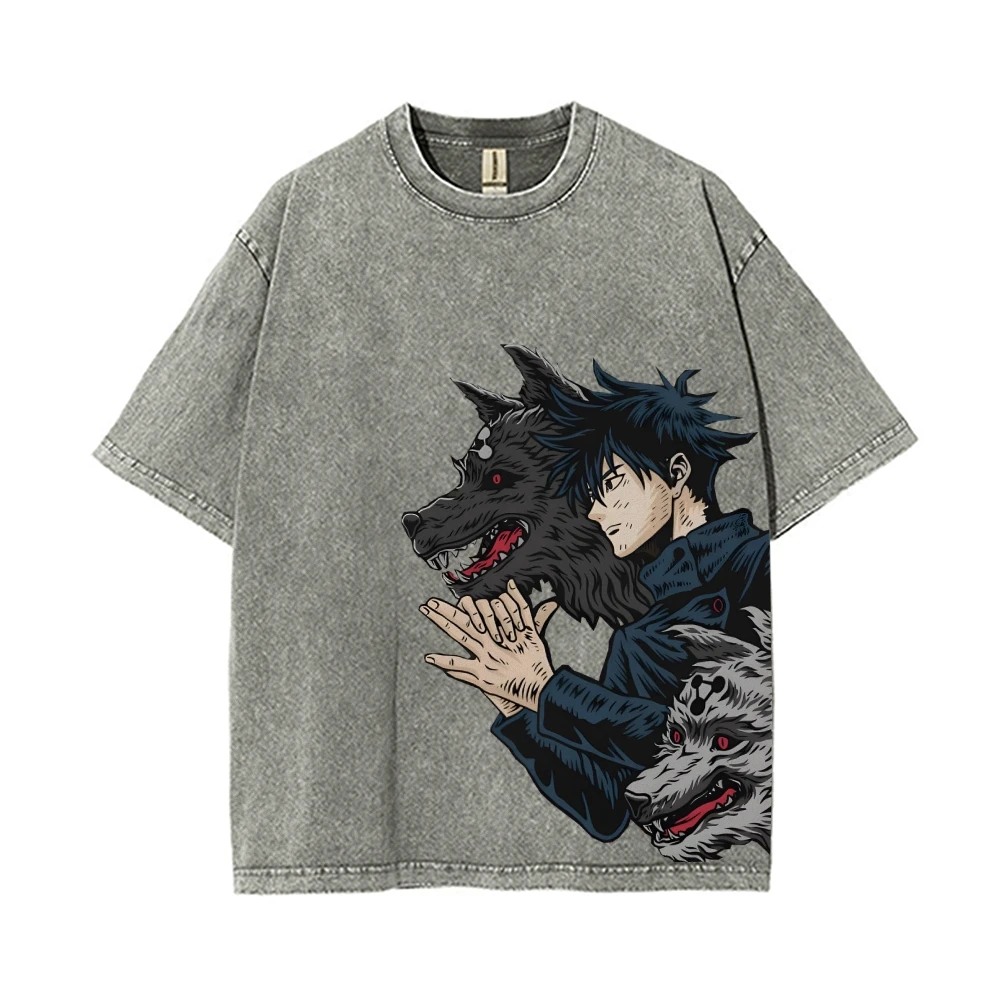 Japanse Anime-Stijl Jongens En Wolf Print Dames T-Shirt Unisex Losse Wash Denim Korte Mouw Vintage Harajuku Stijl Top Tees