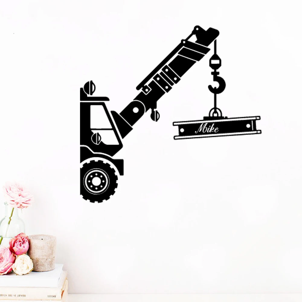 1 pc Personalized Name Construction Crane Truck Wall Decal Custom Name Construction Vehicle Car Wall Sticker BABY Room Decor