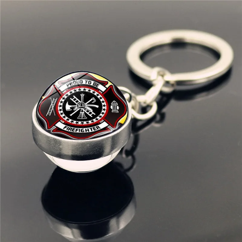 Rescue Firefighter Keychain Fire Extinguisher Hat Axe Tool Double Sided Glass Ball Pendant Metal Key Chain Men Car Key Ring