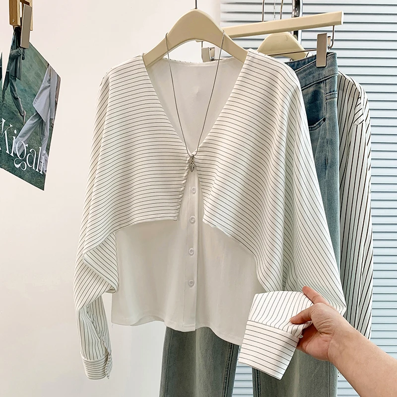 Spring Autumn New Korean Design Sense Asymmetrical Stripe Splicing Anti-Aging All-Match High-End Feeling T-Shirt Hoodie