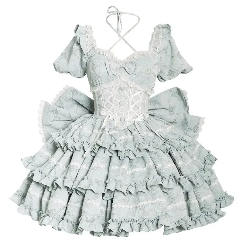 Sweet Tiered Lolita Dresses Halter Neck Dress Vintage Bow Ruffle Puffy Party Princess Dresses Fairy Dress Sissy Maid Cosplay