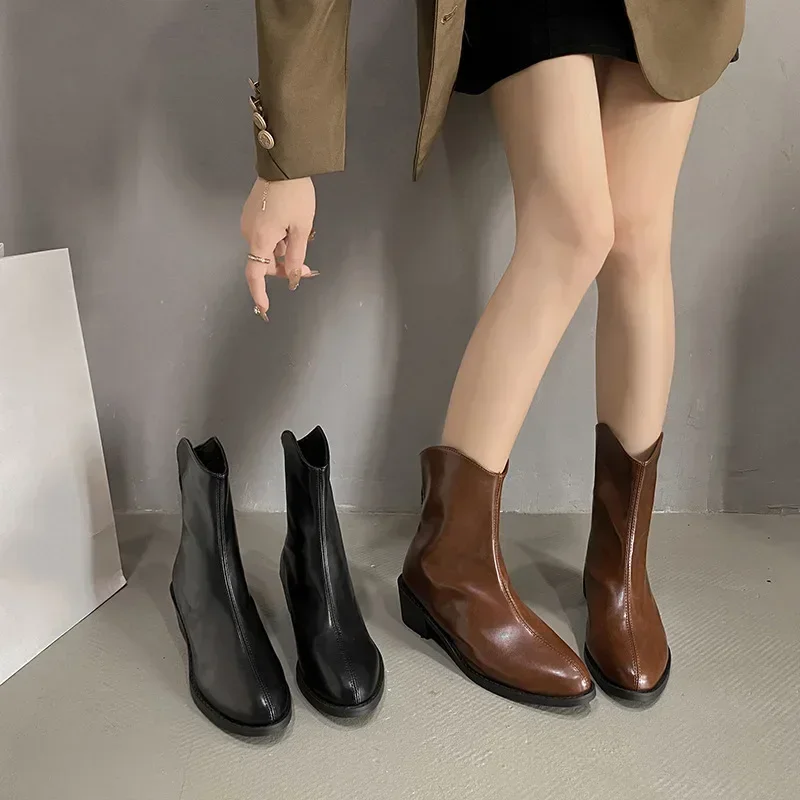 Nuevos botines de mujer con punta cuadrada, cremalleras a la moda, botas cortas elegantes de tacón alto y grueso, zapatos de mujer, botines antideslizantes 2024