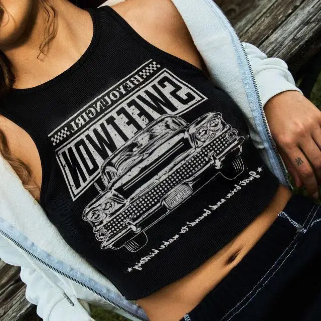 New Products in The Summer of 2024, Ultra-short American-style Vintage Car Printed Round Neck Vest Female