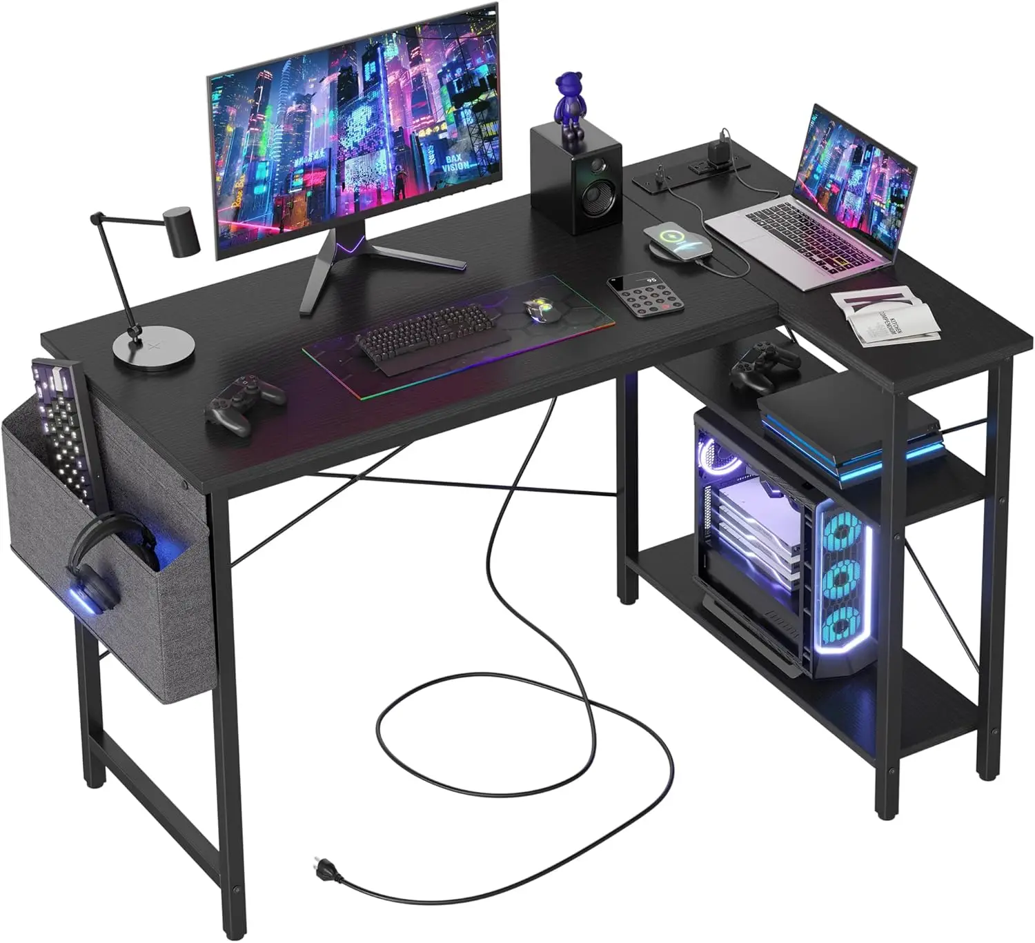 

L Shaped Computer Desk with Power Outlets, 47 Inch Corner Desk with Reversible Shelves, Gaming Desk for Home Office, Black
