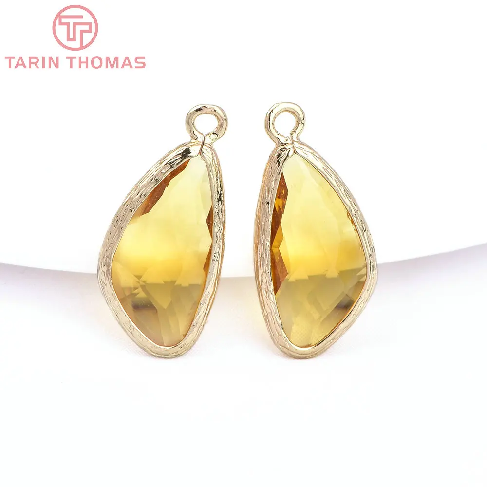 (1242)10PCS 23x11MM 24K Champagne Gold Color Brass and Glass Irregular Drop Shape Charms Pendants  Jewelry Findings Accessories