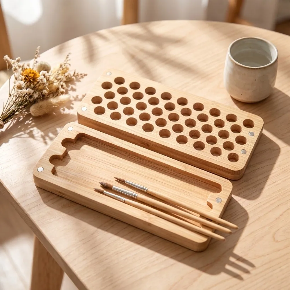 Wood Rectangle Palette Painting Box Empty Box Handmade Mini Watercolor Paint Box with Magnetic Lids Portable