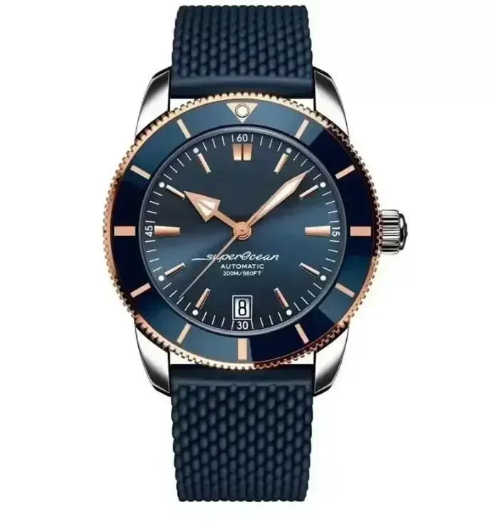 ساعة ميكانيكية أوتوماتيكية فاخرة للرجال Superocean باللون الأسود والأزرق بحزام مطاطي ساعات رياضية 46 ملم relogio