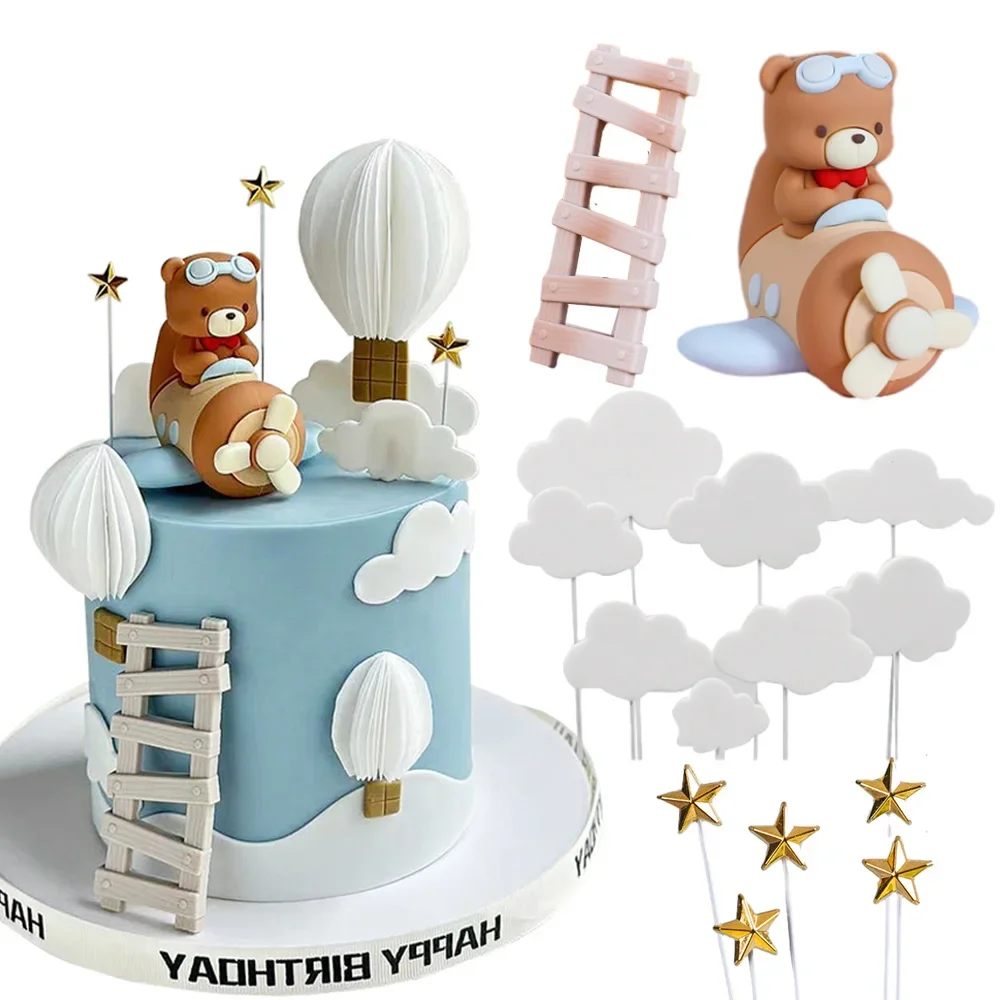 Cartoon Pilot Bär Kuchen Topper Luftfahrt Thema mit Sternen Luftballons Dekor für Happy 1st Birthday Party Baby Shower Supplies – Detail 4