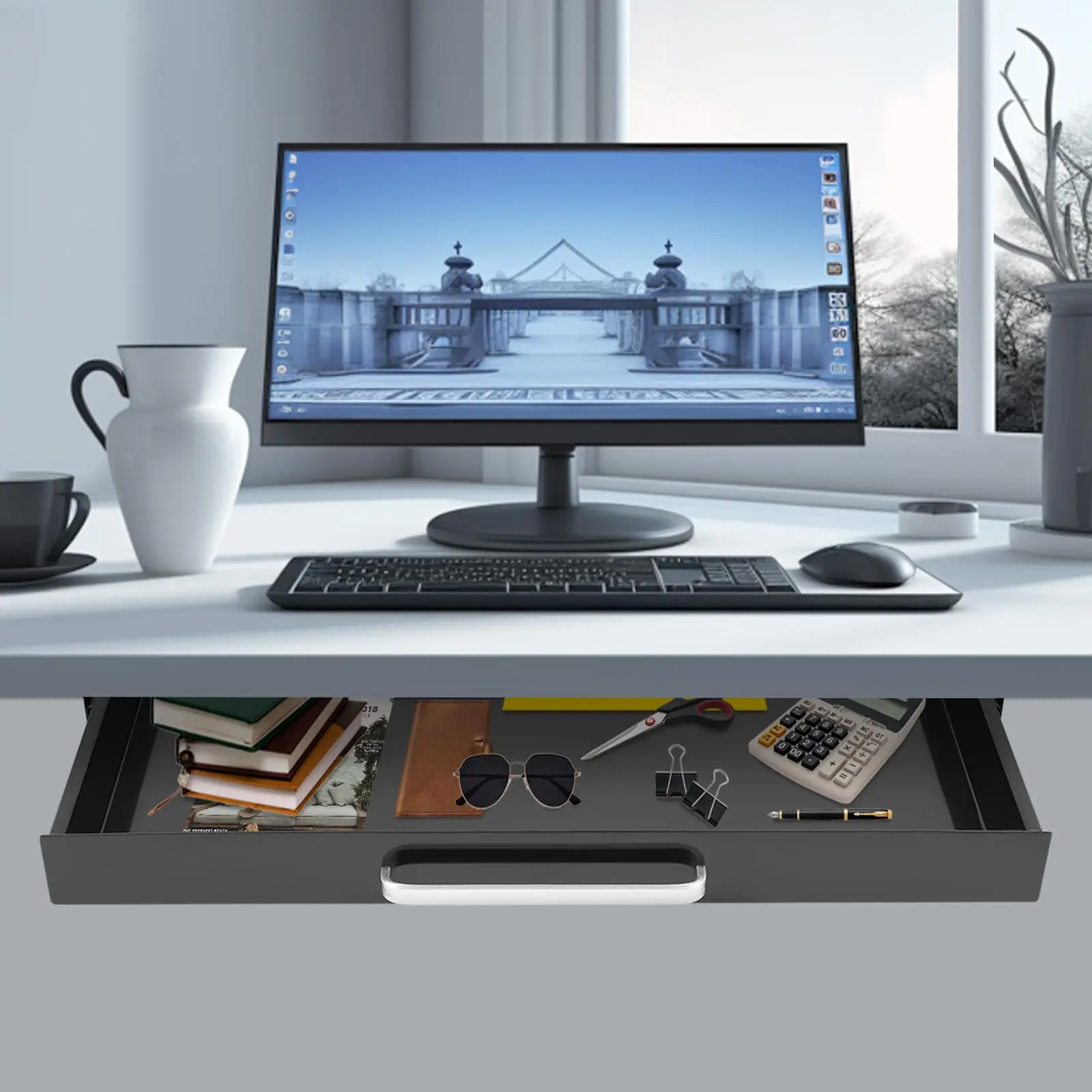 Under Desk Drawer 21.6", Pull-Out Storage Organizer with Compartment, Wooden Sliding Drawer under Table for Office Desk or Table