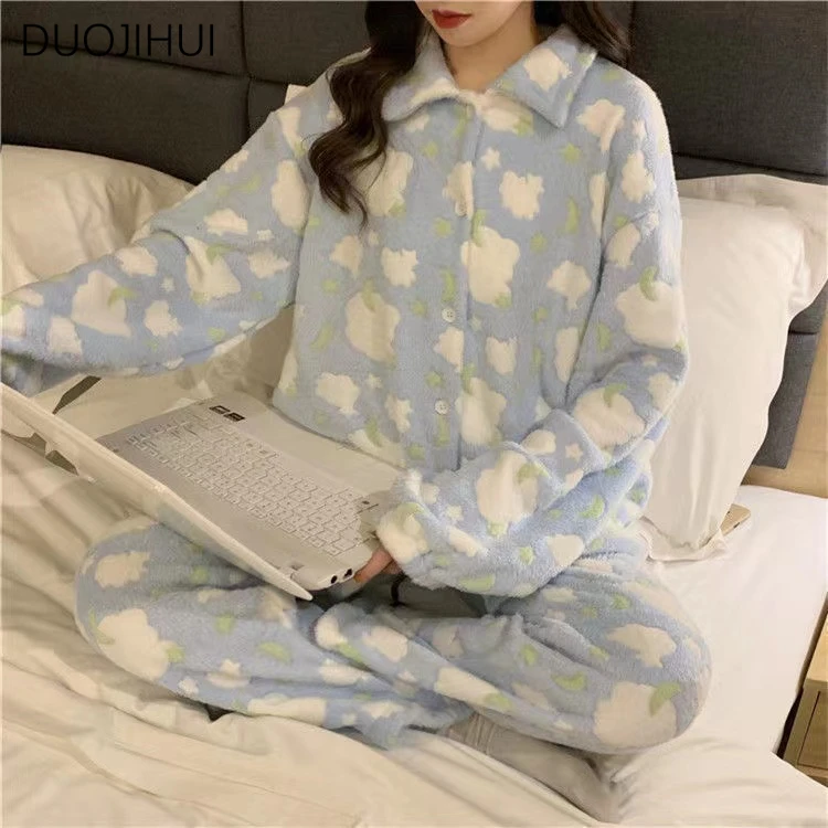 DUOJIHUI Ins Two Piece Autumn Loose Casual Home Pajamas for Women Korean Sweet Fashion Contrast Color Simple Female Pajamas Set