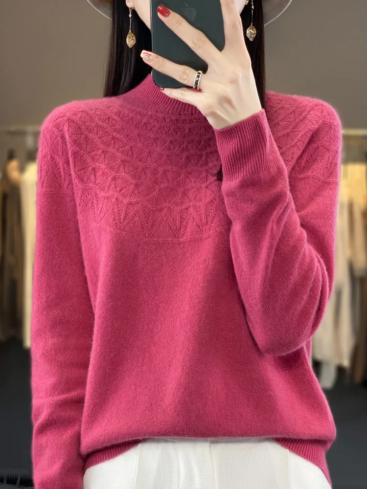 Autumn Winter Women Wool Pullover Mock-neck Basic Sweater 100% Merino Wool Hollow Solid Cashmere Knitwear Female Bottoming Shirt