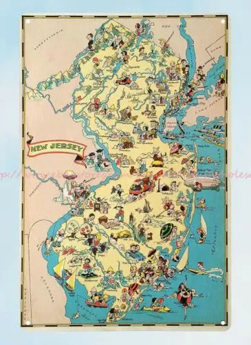 plaque gift Pictorial map of NEW JERSEY state by Ruth Taylor 1935 metal tin sign