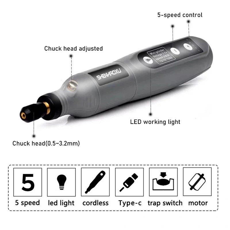 Ferramentas elétricas sem fio furadeira, moedor, moagem, conjunto de acessórios, ajustável, sem fio, caneta de gravação, luz LED, 5 velocidades, 3,6