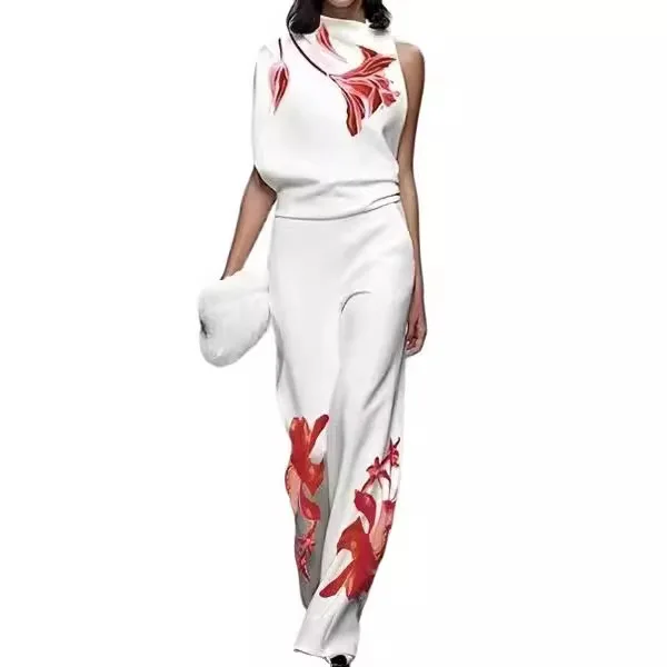 Spring Summer Fashion Printed Set For Women's Casual Sleeveless Shirt Top + Wide-leg Trousers 2-piece Suit Office Women Outfit