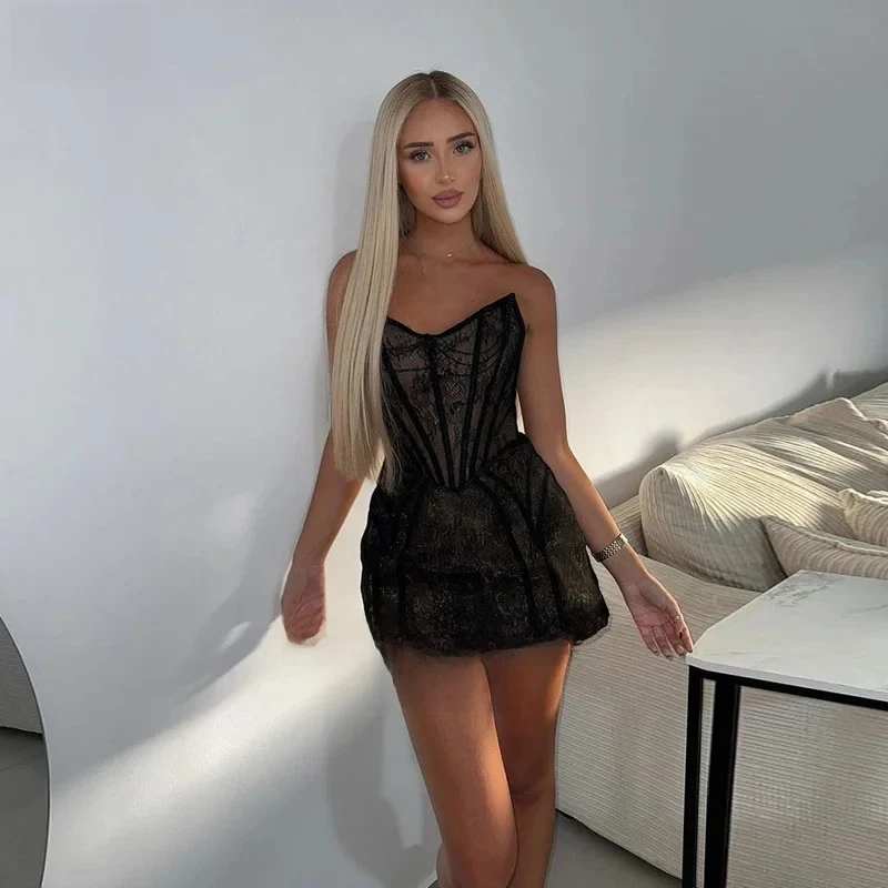 

2026 Sexy Black Lace Prom Dresses Strapless Mini Party Gown Short Corset Celebration Dresses Robe Soirée De Luxe Customized