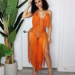 Sexy Crochet Knitted Beach Summer Dress Women Halter V-neck Tassel Backless Maxi Dress Vacation Sheer Long Dresses Swimsuit 2022