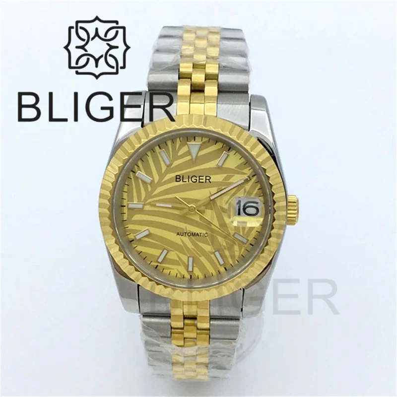 

BLIGER 36mm/39mm Two Tone Yellow Gold Luxury Jubilee NH35 Watch For Men Fluted Bezel Sapphire Glass Palm Leaf Dial Date Luminou