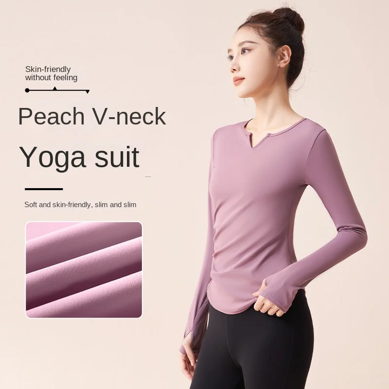 Women's Quick Dry v-neck Yoga Suit Stretch Pleated Slim Slim Long Fitness Suit