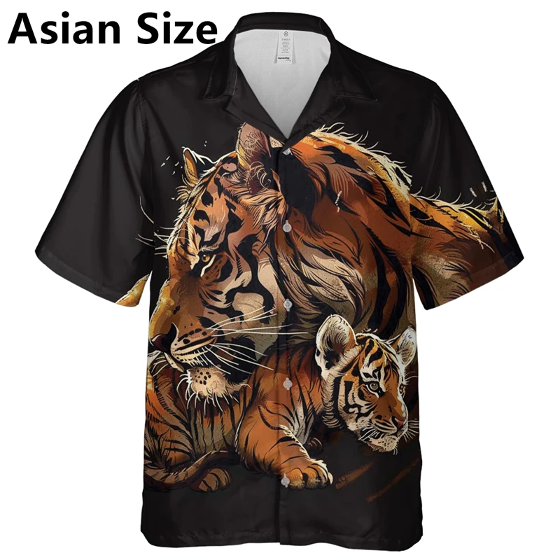 Trend Tiger Graphic Hawaiian Shirts For Men Fashion Summer Lapel Button 3D Animals Printed Blouse Loose Street Hip Hop Tops