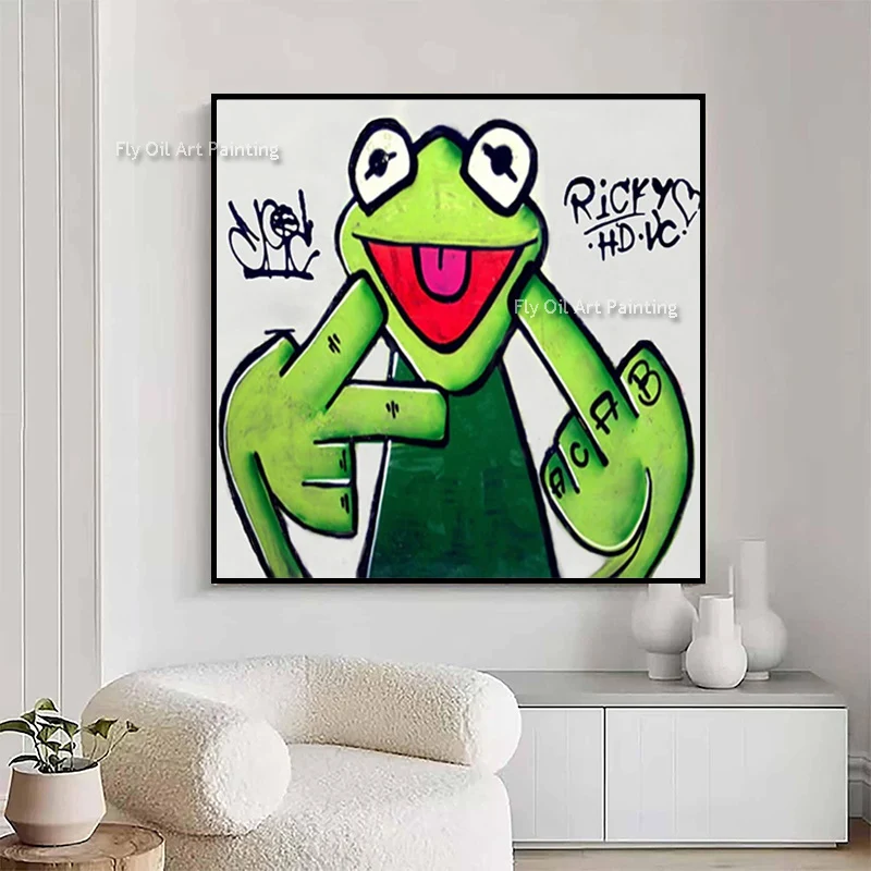 Abstract Grey Dark Green Frogs Reading Newspapers In The Toilet Canvas Wall Art Decor For Room Handmade Green Beige Oil Painting