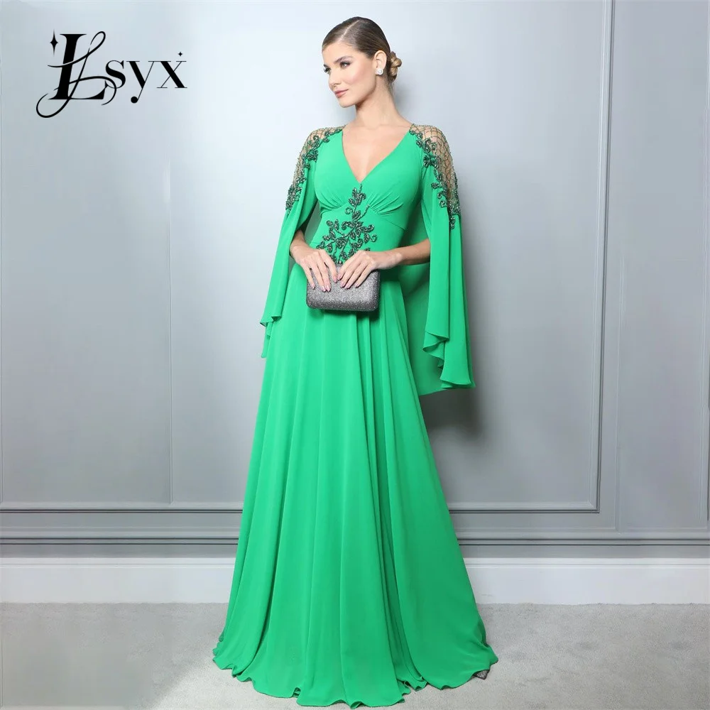 

LSYX Customized Simple Floor Lenght Chiffon Prom Dresses Sexy Dropped Shoulder Sleeves Party Wedding Gown Vestidos De Noche