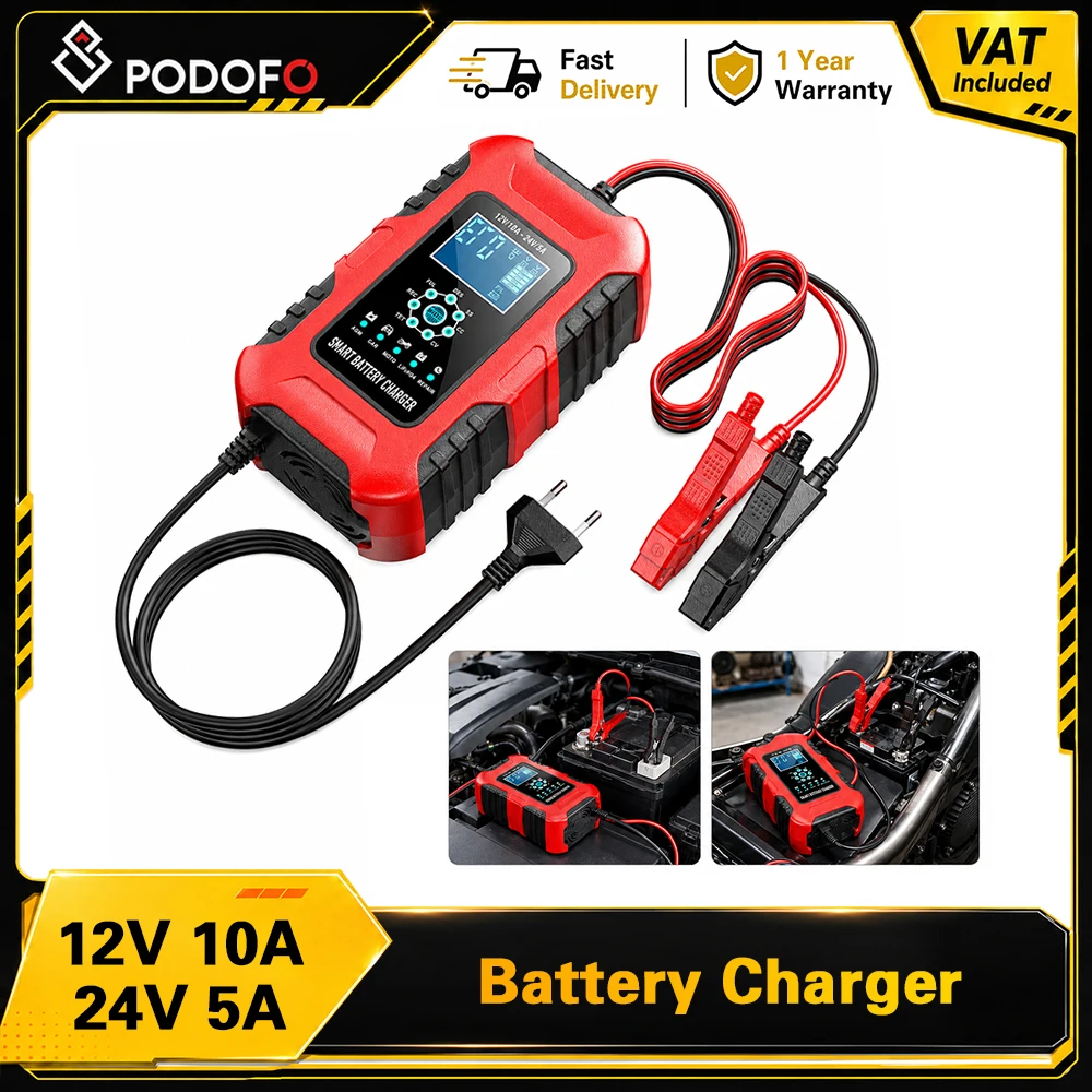 Podofo 12V10A 24V5A 7-Stufen Vollautomatisches Intelligentes Auto- und Motorrad-Batterieladegerät mit Wartungsfunktion, Pulsreparatur und Wiederherstellung für Entladete, Verkalkte 6-180Ah AGM Gel