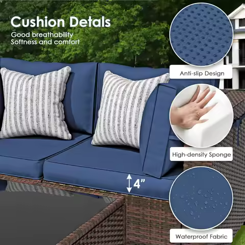 5 Piece Outdoor Patio Furniture Set, Rattan Conversation Sectional Sets for Porch Deck, Thickened Navy Cushions for Porch