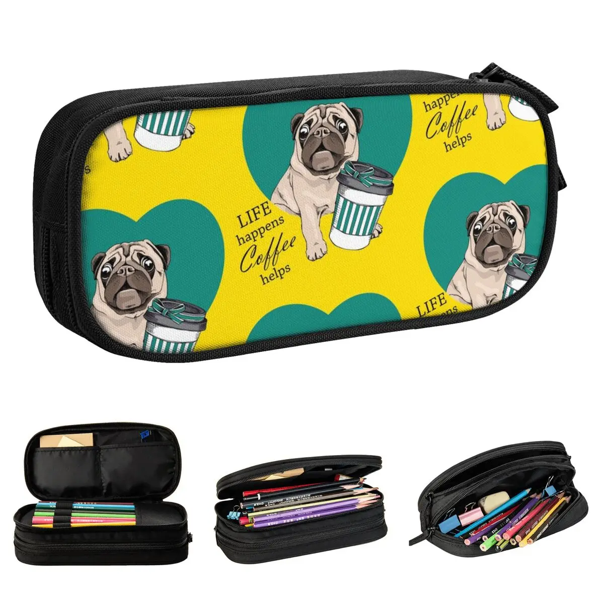 Doce vida pug café ajuda a caixa de lápis adorável bonito cão caneta titular saco menina menino grande capacidade escritório presente pencilcases