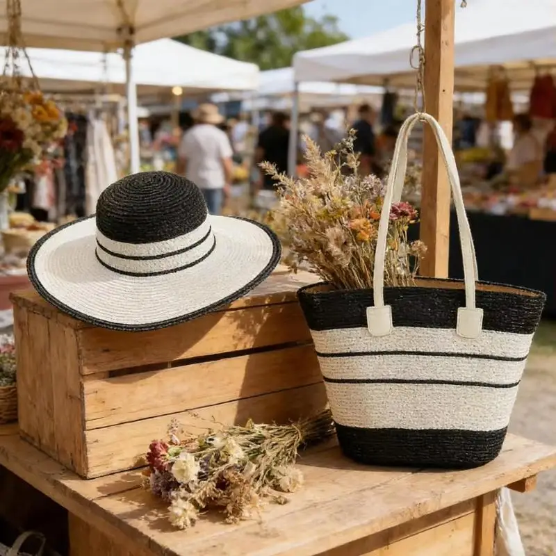 Straw Hat Tote Bag Set Reversible Wide Brim Sun Hat Breathable Handbag 2Pcs for Summer Beach Hiking Trips